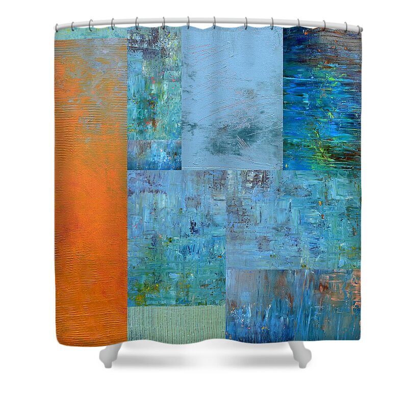 Monochromatic Shower Curtain featuring the painting Blue with Orange 2.0 by Michelle Calkins