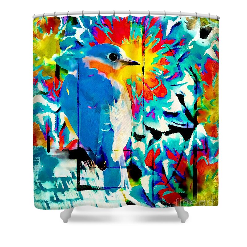 Bluebird Shower Curtain featuring the mixed media Bluebird Pop Art by Tina LeCour
