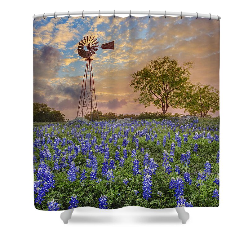 Bluebonnets Shower Curtain featuring the photograph Bluebonnets Beneath a Windmill 2 by Rob Greebon