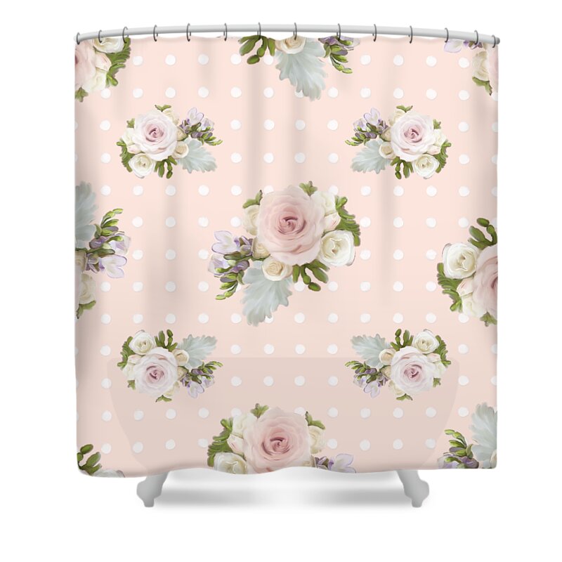 Blush Pink Shower Curtain featuring the painting Blush Pink Floral Rose Cluster w Dot Bedding Home Decor Art by Audrey Jeanne Roberts