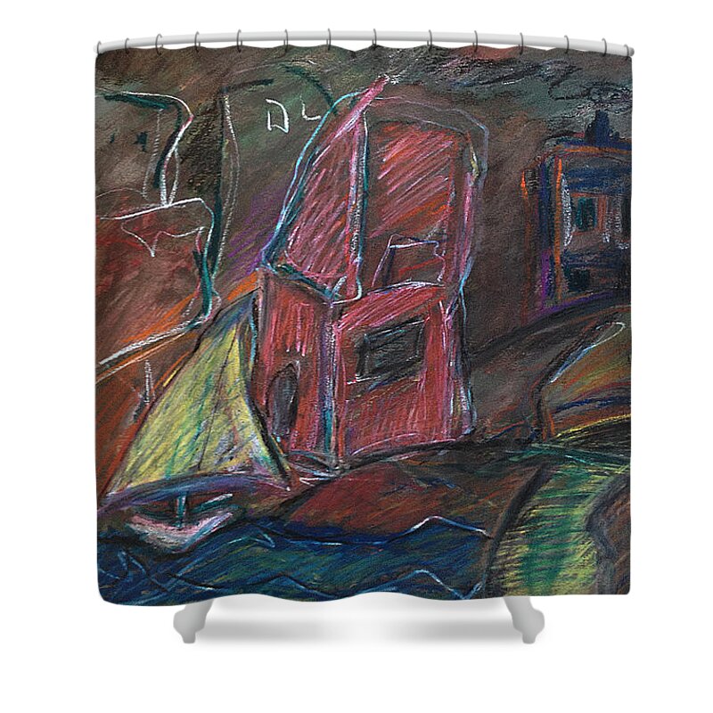 Original Art Pastel Chalk Drawing Boat River Village Town Shower Curtain featuring the pastel Bluster by Katt Yanda