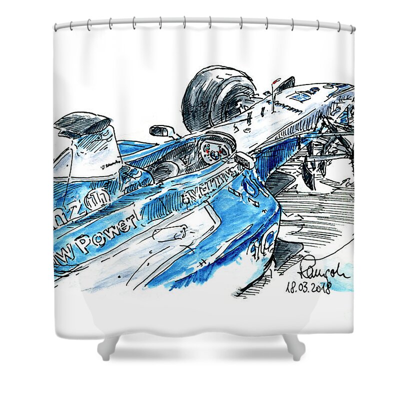 Formula 1 Shower Curtain featuring the drawing BMW-Williams FW 23-05 F1 Racecar Ink Drawing and Watercolor by Frank Ramspott