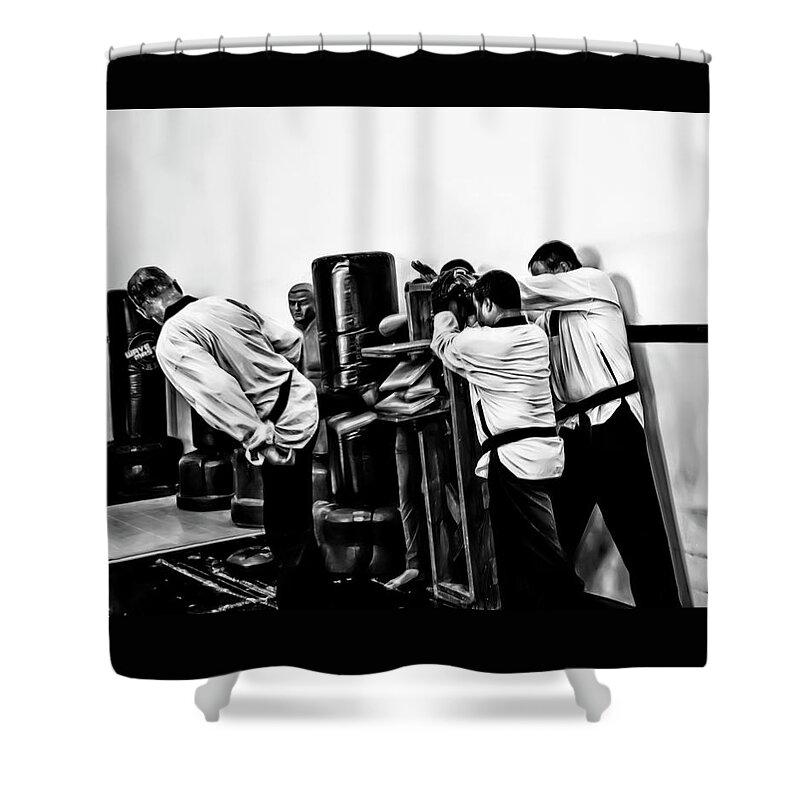 Martial Arts Shower Curtain featuring the photograph Board Breaking by Gina O'Brien