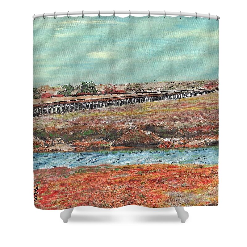 Cape Cod Shower Curtain featuring the painting Boardwalk at Sandwich MA by Cliff Wilson