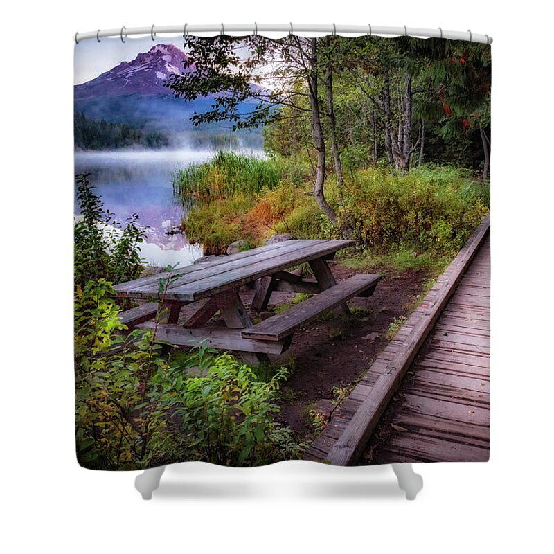 Fall Shower Curtain featuring the photograph Boardwalk at Trillium Lake by Cat Connor