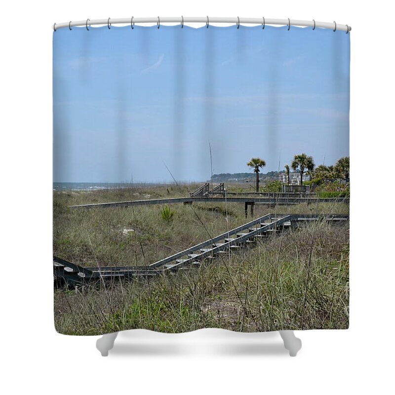 Beach Shower Curtain featuring the photograph Boardwalks and Sand Dunes by Carol Bradley
