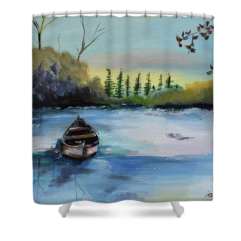 Boat Shower Curtain featuring the painting Boat Abandoned on the Lake by Jan Dappen