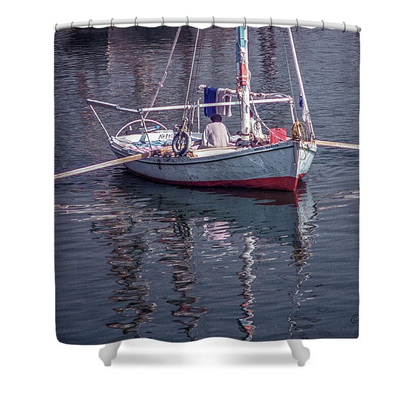 Egypt Shower Curtain featuring the photograph boat afloat on Nile river.... by Paul Vitko