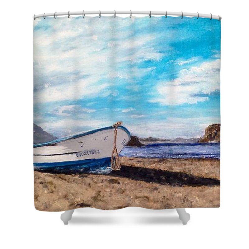 Beached Fishing Boat On A Quiet Island Morning. Shower Curtain featuring the painting Boat Ashore by Diane Donati