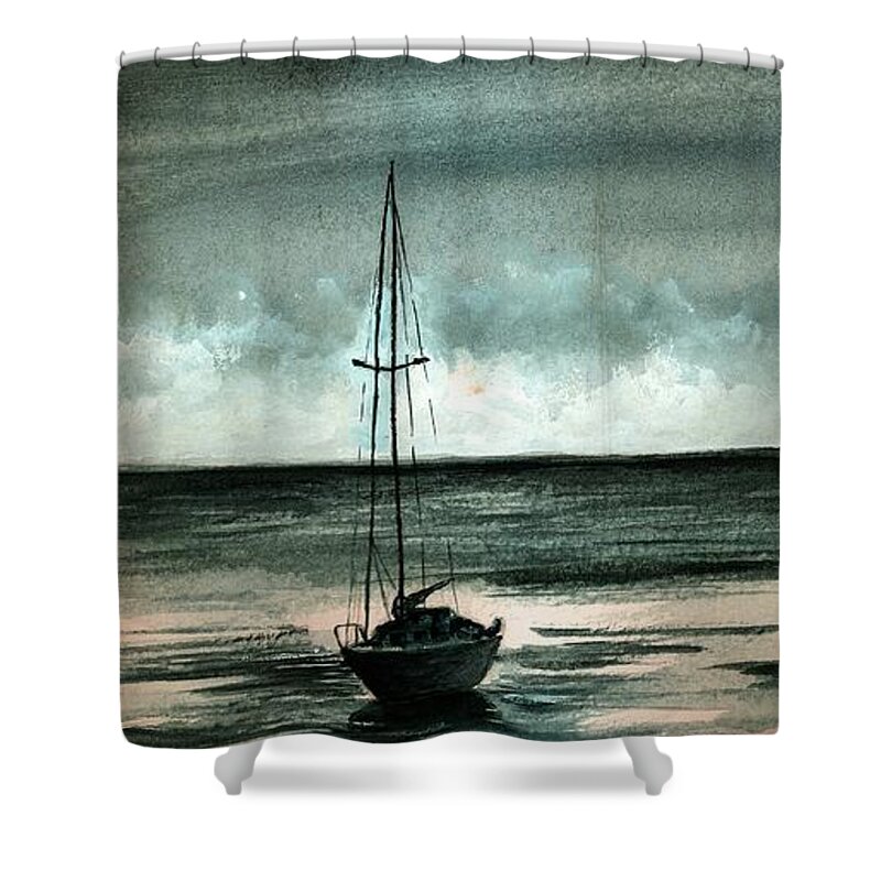 Boat Shower Curtain featuring the painting Boat at Sea by Michael Vigliotti