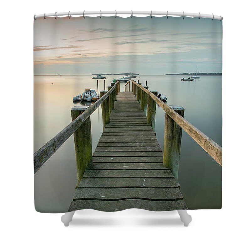 Boat Dock Shower Curtain featuring the photograph Boat Dock at Sunrise Grey Blue Panorama by Darius Aniunas