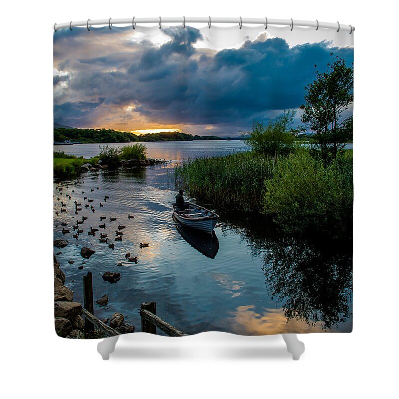 Lake Shower Curtain featuring the photograph Boat in Killarney National Park In Ireland by Andreas Berthold