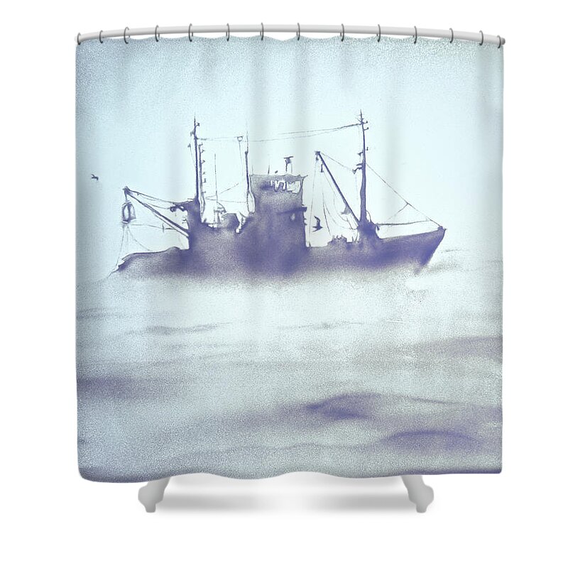 The Little Prince Shower Curtain featuring the painting Boat in the Foggy Sea by Elena Vedernikova