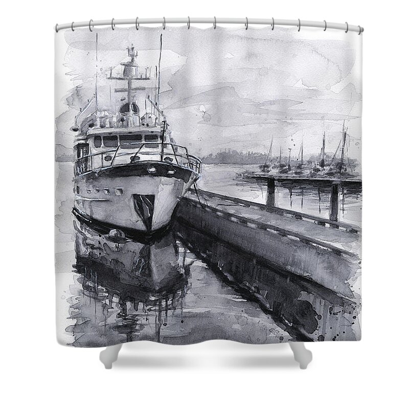 Kirkland Shower Curtain featuring the painting Boat on Waterfront Marina Kirkland Washington by Olga Shvartsur