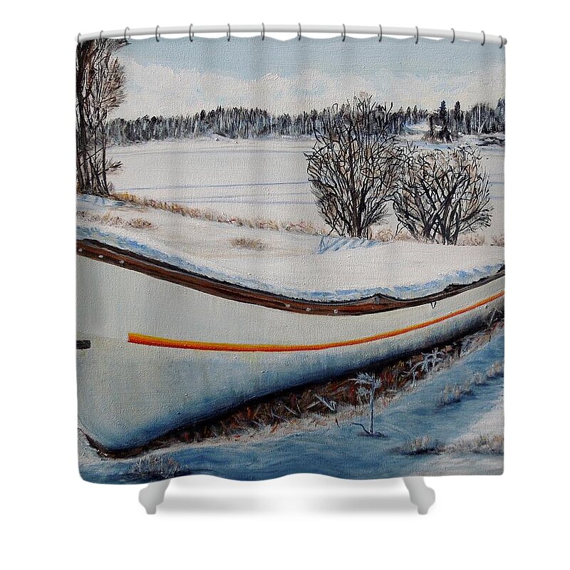 Boat Shower Curtain featuring the painting Boat under snow by Marilyn McNish