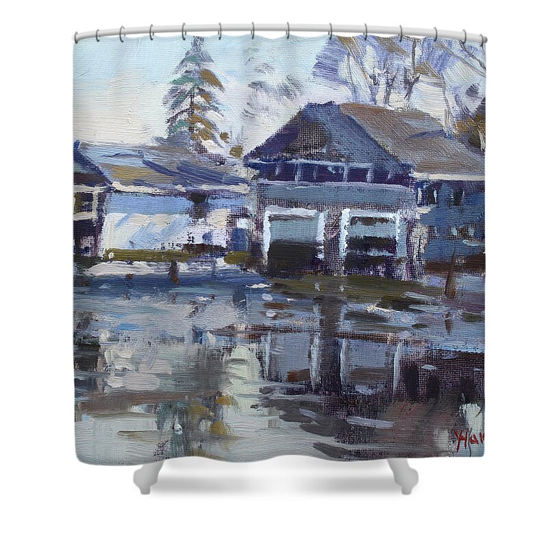 Boatfouses Shower Curtain featuring the painting Boathouses by Icy Creek by Ylli Haruni