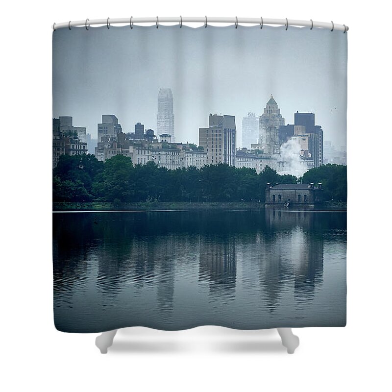 New York City Shower Curtain featuring the photograph Boathouse by The Lake by Alexander Shamota