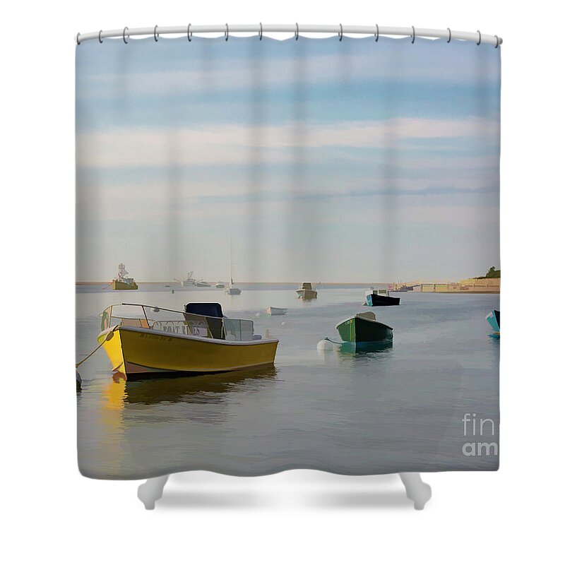 Cape Cod Shower Curtain featuring the digital art Boats in Chatham Harbor by Lorraine Cosgrove