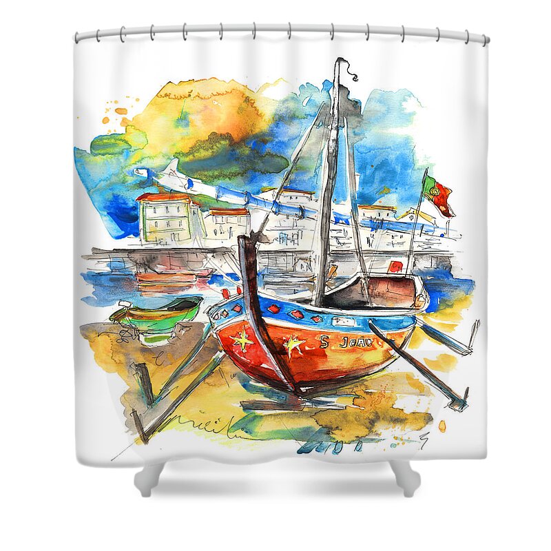 Portugal Shower Curtain featuring the painting Boats in Tavira in Portugal 02 by Miki De Goodaboom