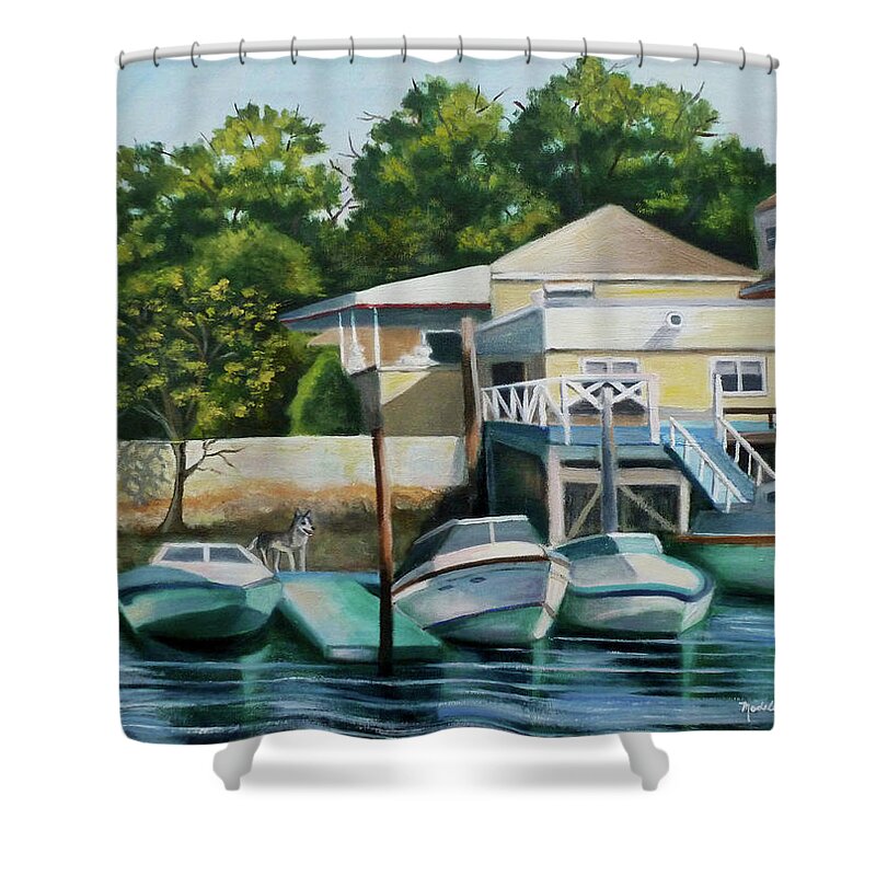 Blue Water With Moving Reflections Shower Curtain featuring the painting Boats On Crossbay Blvd. by Madeline Lovallo