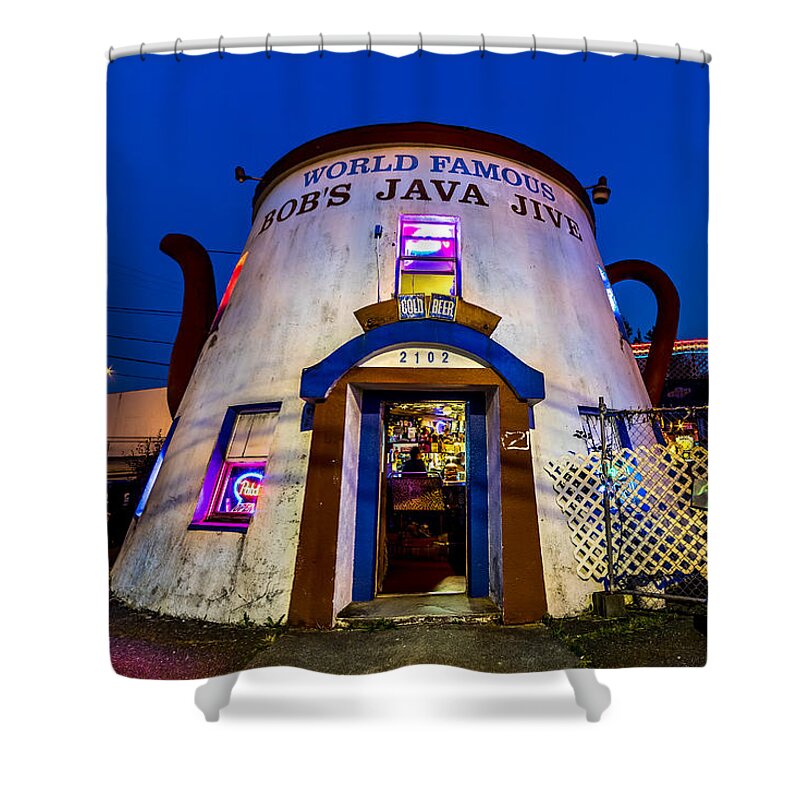 Bob Shower Curtain featuring the photograph Bob's Java Jive - Historic Landmark During Blue Hour by Rob Green