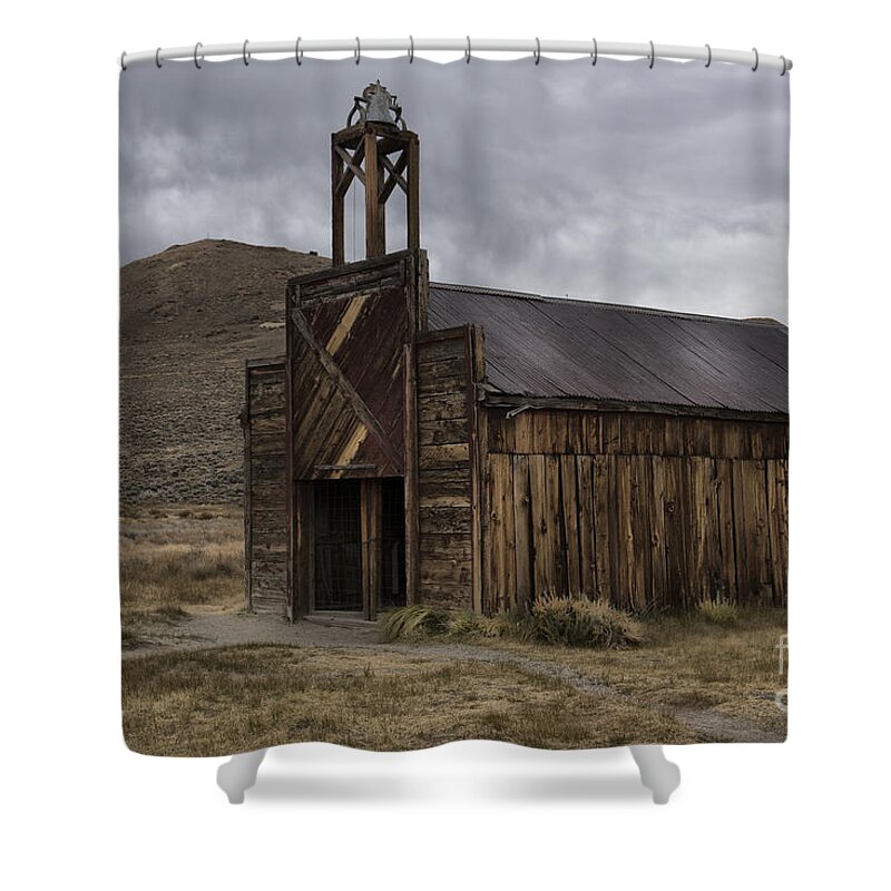 Sandra Bronstein Shower Curtain featuring the photograph Bodie Fire Station with Lightning by Sandra Bronstein
