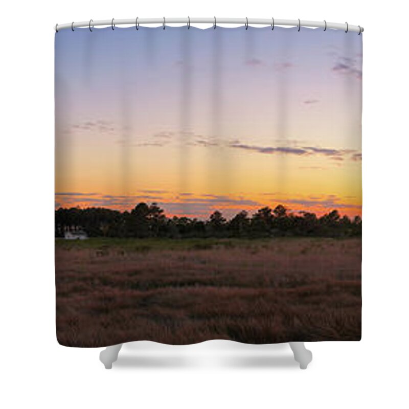 Bodie Island Lighthouse Shower Curtain featuring the photograph Bodie Island Light sunset panorama by Michael Ver Sprill