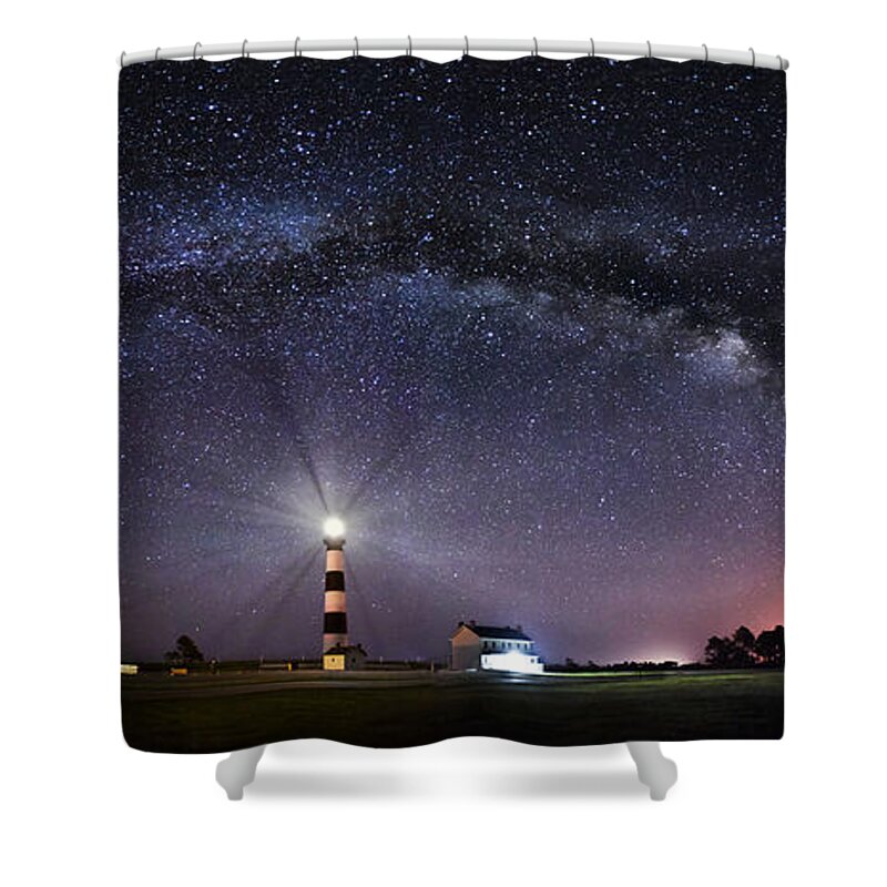 Milky Way Shower Curtain featuring the photograph Bodie Island Lighthouse under the Milky Way by Tommy White