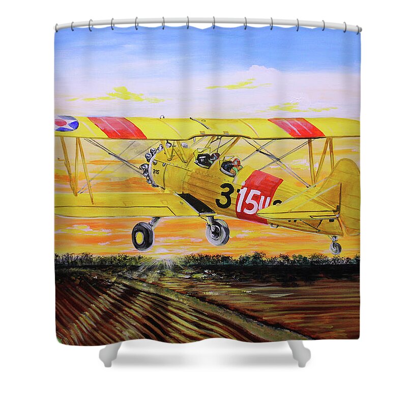 Stearman Shower Curtain featuring the painting Boeing Stearman 75 Kaydet by Karl Wagner