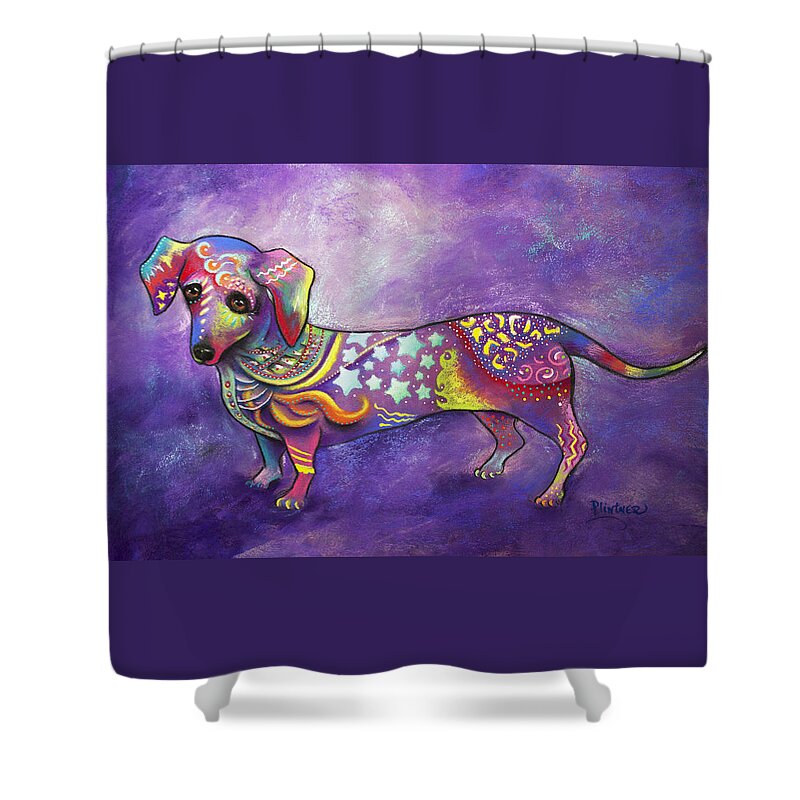 Dachshund Art Print Shower Curtain featuring the mixed media Dachshund by Patricia Lintner