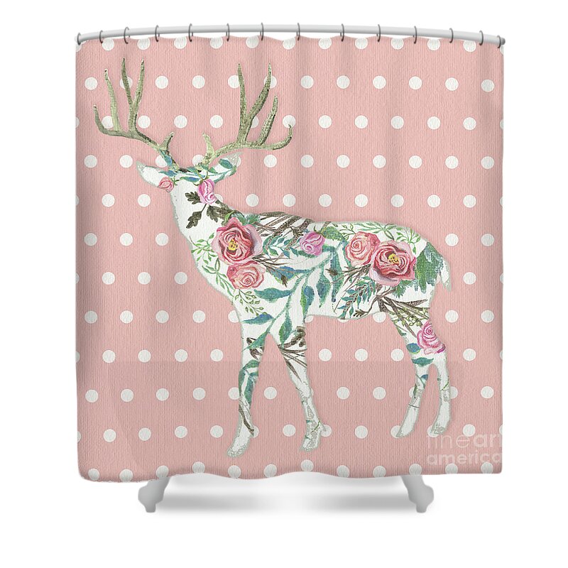 Boho Shower Curtain featuring the painting BOHO Deer Silhouette Rose Floral Polka Dot by Audrey Jeanne Roberts