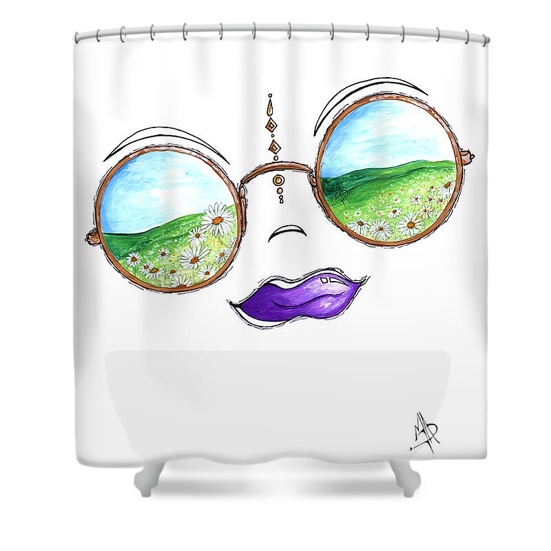 Boho Shower Curtain featuring the painting Boho Gypsy Daisy Field Sunglasses Reflection Design from the Aroon Melane 2014 Collection by MADART by Megan Aroon
