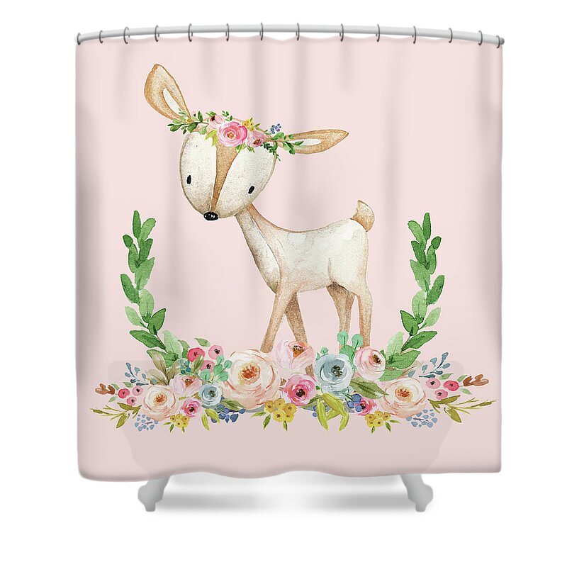 Deer Shower Curtain featuring the digital art Boho Woodland Baby Nursery Deer Floral Watercolor Print Baby Girl Throw Pillow Nursery Decor by Pink Forest Cafe
