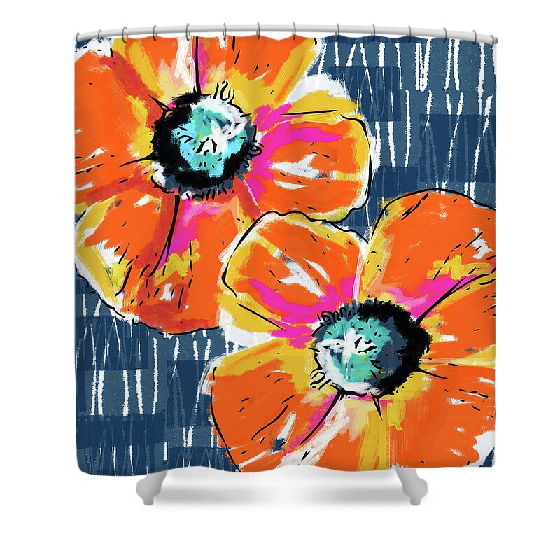 Poppies Shower Curtain featuring the mixed media Bold Orange Poppies- Art by Linda Woods by Linda Woods