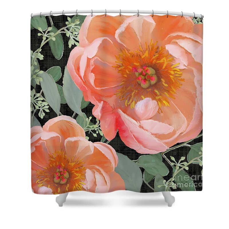 Peach Peony Shower Curtain featuring the painting Bold Peony Seeded Eucalyptus leaves by Audrey Jeanne Roberts