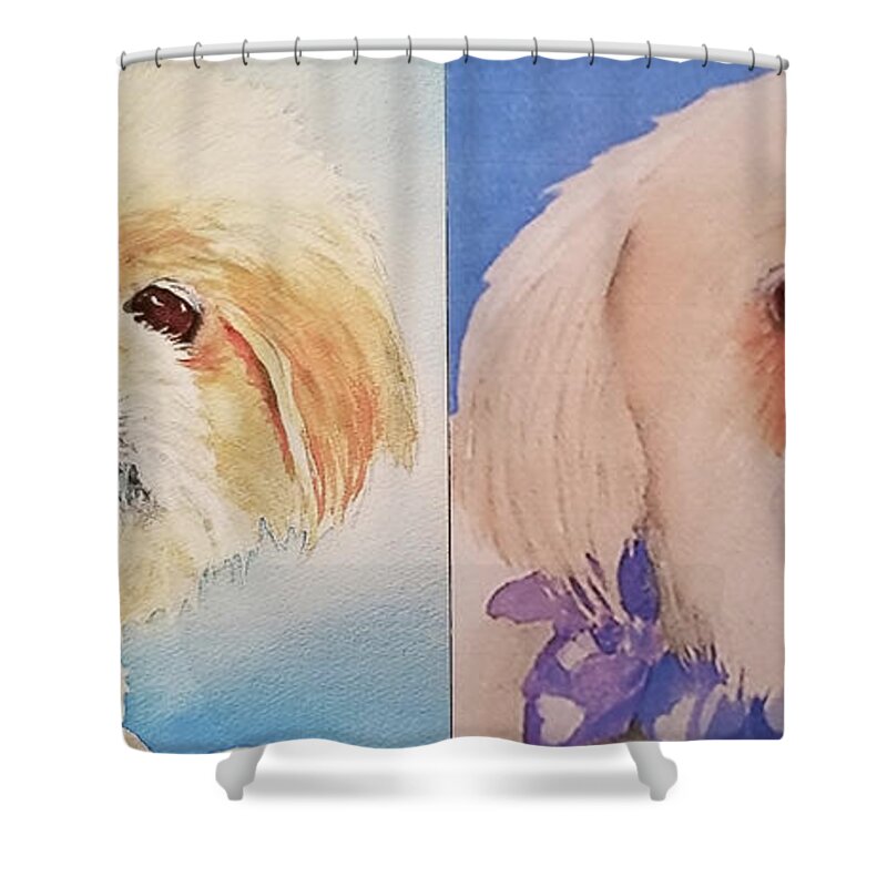 Baxter Booboo Shower Curtain featuring the painting BooBoo Baxter H by Judy Mercer