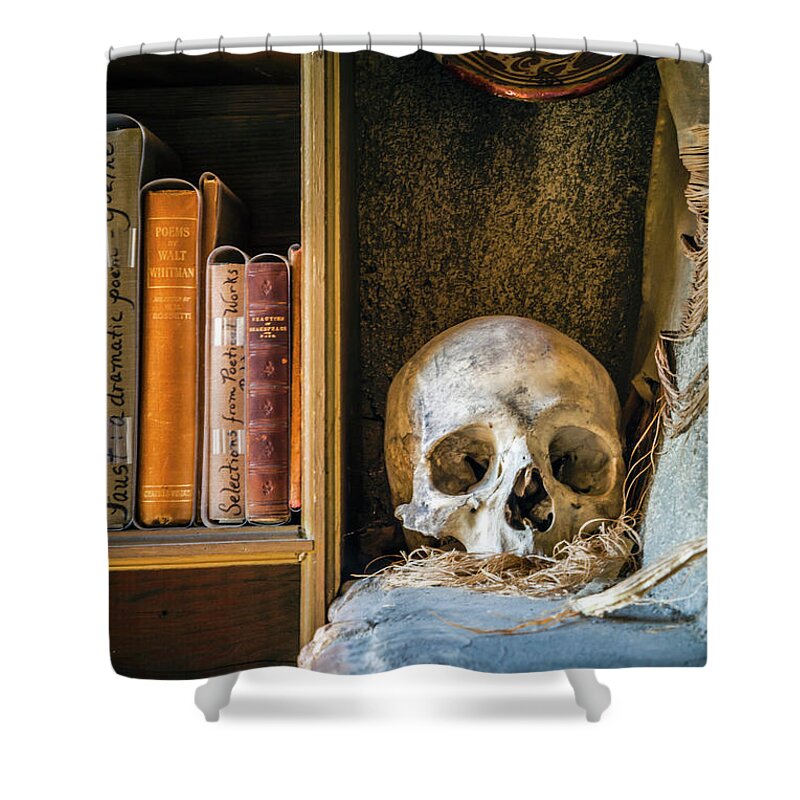 Bookcase Shower Curtain featuring the photograph Bookcase Skull by Jack Nevitt