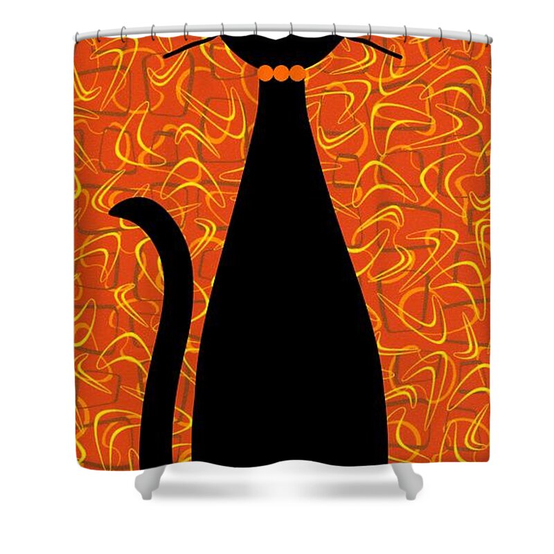 Mid Century Modern Shower Curtain featuring the digital art Boomerang Cat in Orange by Donna Mibus