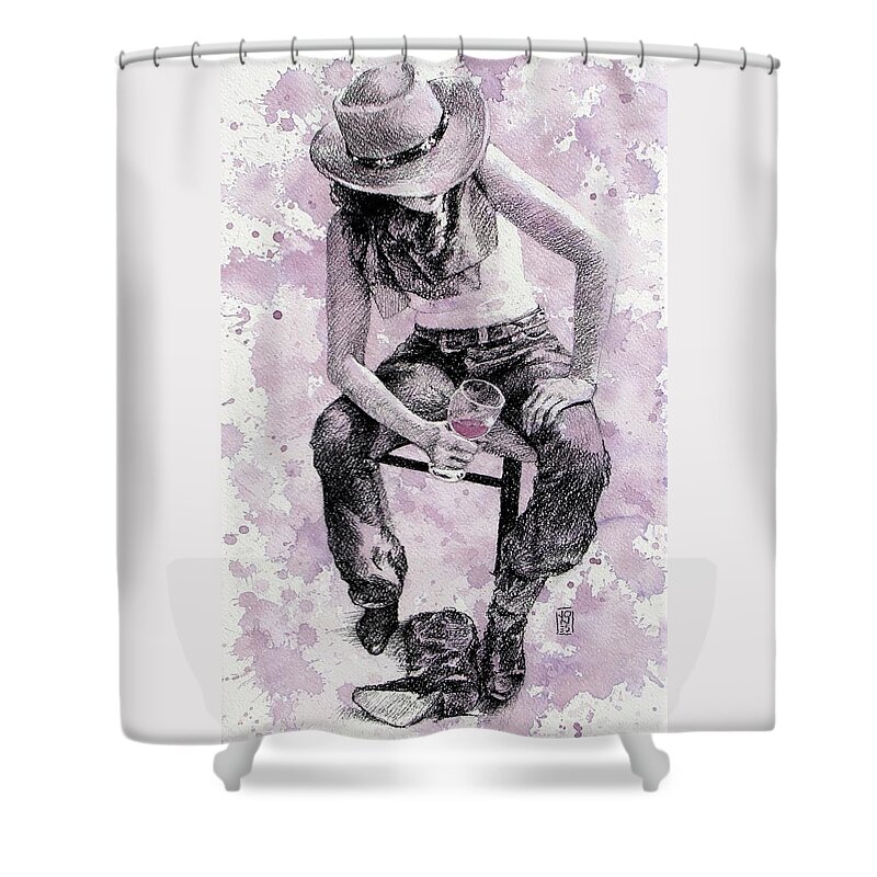 Vineyard Shower Curtain featuring the drawing Boots Off  Evening On by Debra Jones