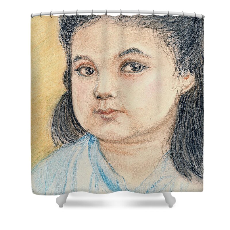 Bored Little Girl Shower Curtain featuring the drawing Bored and glum by Asha Sudhaker Shenoy
