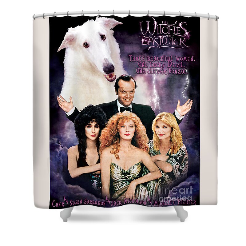 Dog Shower Curtain featuring the painting Borzoi The Witches of Eastwick Movie Poster Art by Sandra Sij