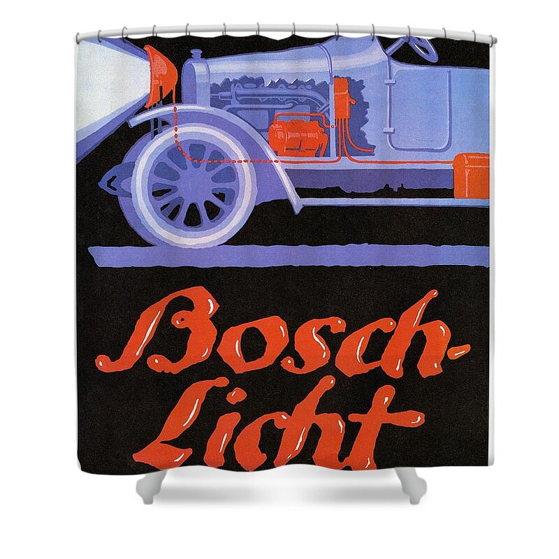 Vintage Shower Curtain featuring the mixed media Bosch Licht - Bosch Headlamps - Auto Advertising poster - Vintage, Retro by Studio Grafiikka