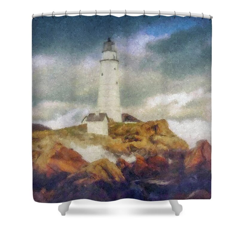 Boston Light Shower Curtain featuring the painting Boston Light on a Stormy Day by Bill McEntee