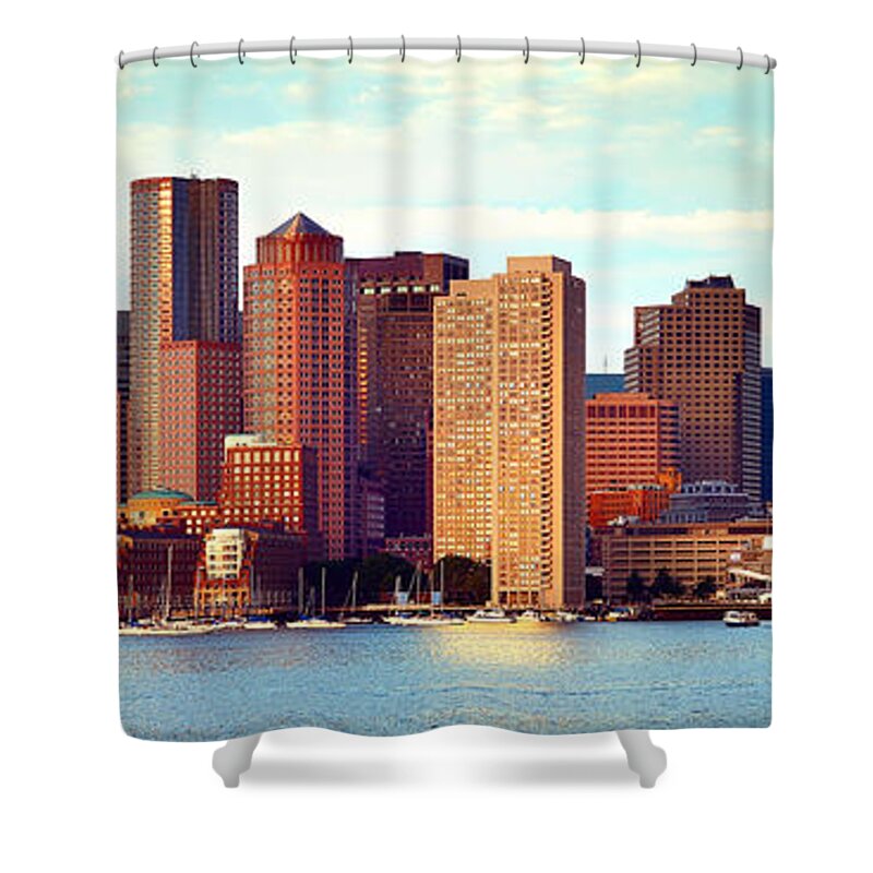 Boston Skyline Morning Shower Curtain featuring the photograph Boston Skyline in Early Morning Panorama Harbor by Jon Holiday