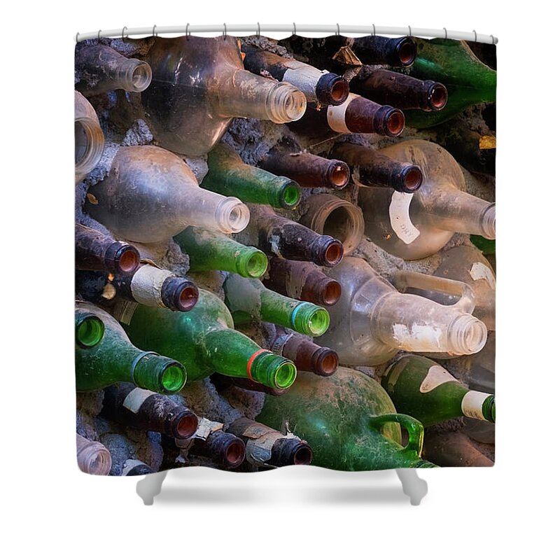 Albuquerque New Mexico Shower Curtain featuring the photograph Bottles And Cement Wall by Tom Singleton