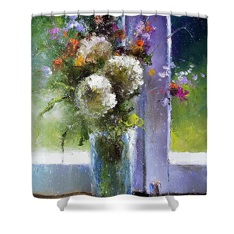 Russian Artists New Wave Shower Curtain featuring the painting Bouquet at Window by Igor Medvedev