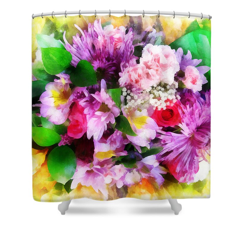 Flowers; Bouquet; Blooms; Buds; Plants; Love; Romance; Carnations; Chrysanthemums; Roses; Freesias Shower Curtain featuring the digital art Bouquet of Purple by Frances Miller
