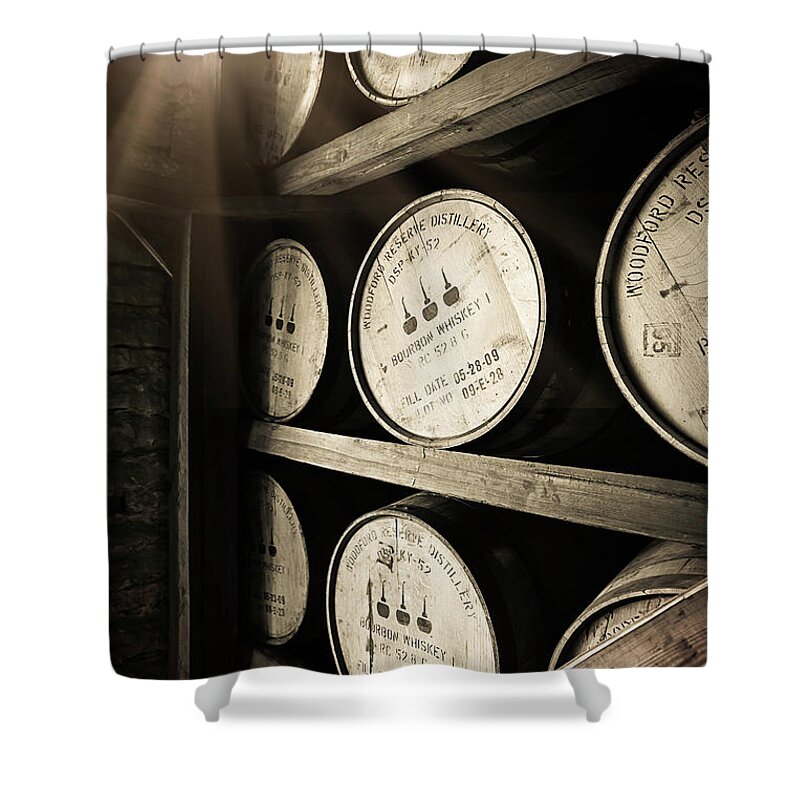 Bourbon Barrel Shower Curtain featuring the photograph Bourbon Barrels by Window Light by Karen Varnas