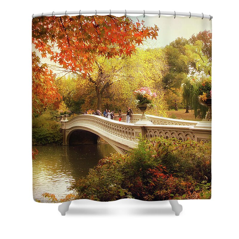 Bow Bridge Shower Curtain featuring the photograph Bow Bridge Autumn Crossing by Jessica Jenney
