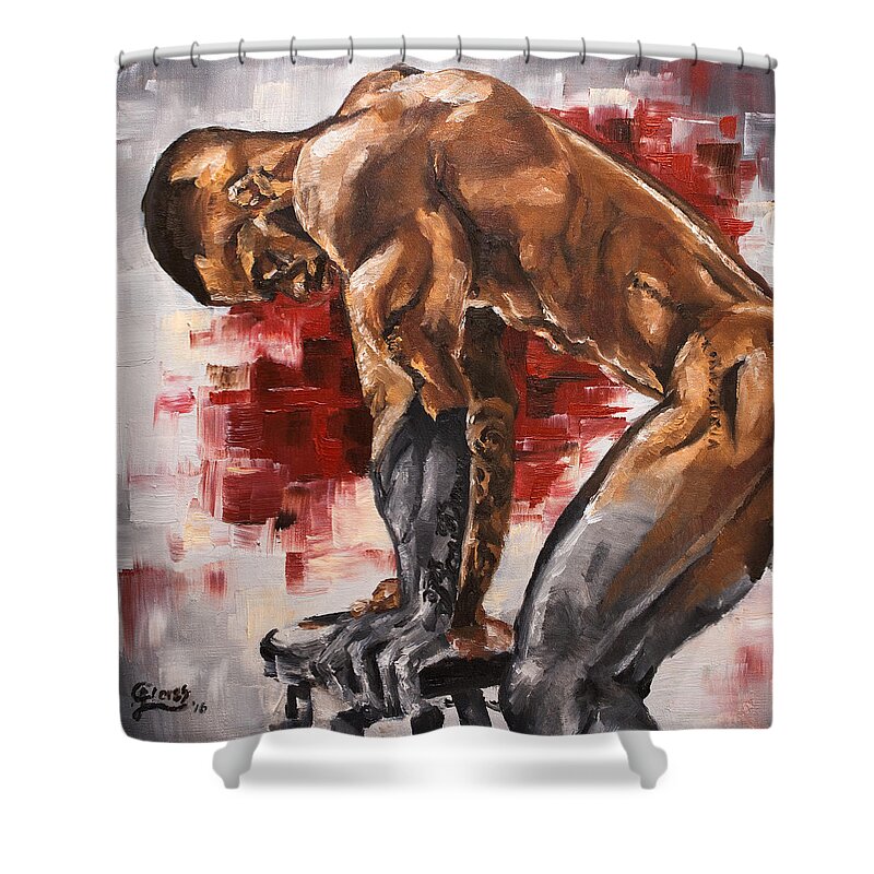 Human Shower Curtain featuring the painting Bow Down and Rise Up by Carlos Flores